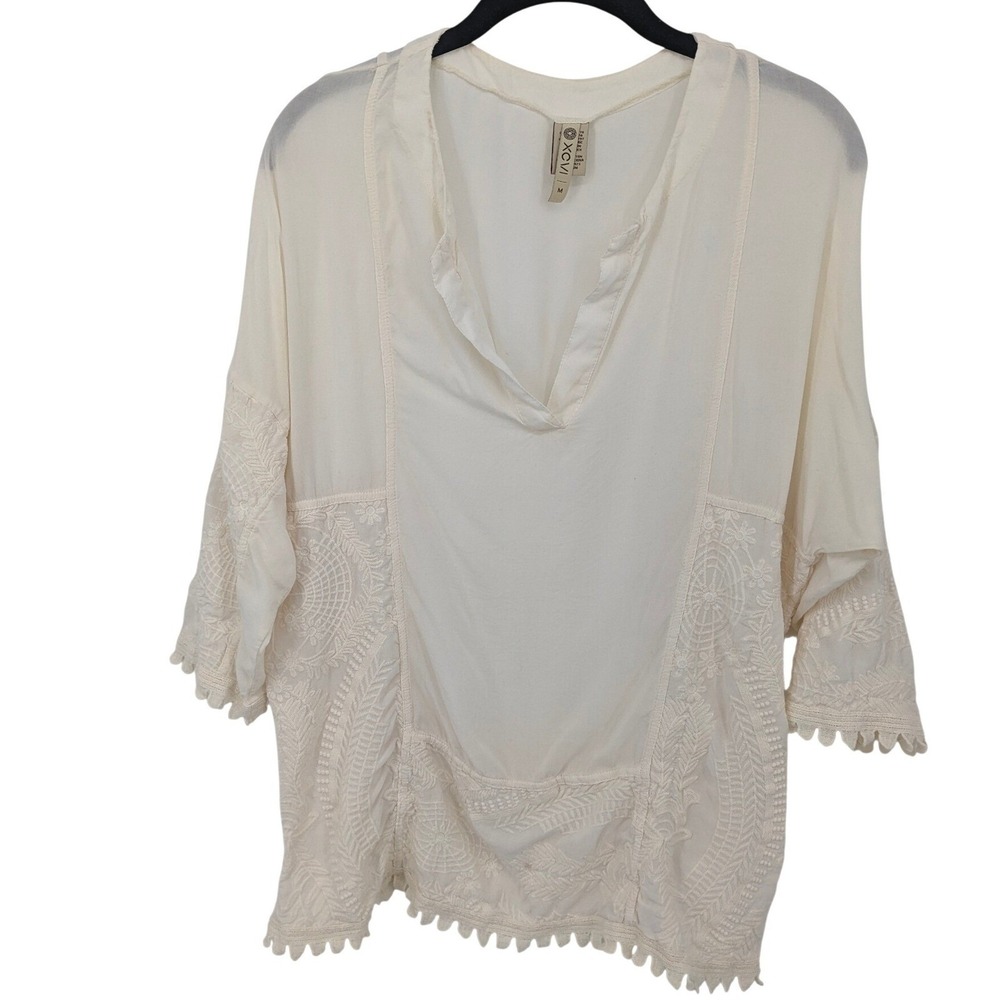 XCVI Embroidered Tunic Top Women Medium Cream Lace V Neck 3/4 Sleeve Boho Blouse